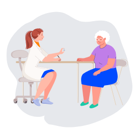 Illustration d’une femme âgée en consultation chez son médecin en blouse, assises à un bureau